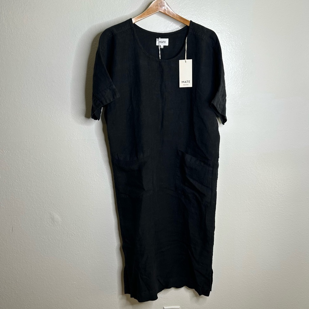 NWT MATE The Label 100% Organic Linen Black Tunic Short Sleeve Midi Dress - Picture 4 of 16